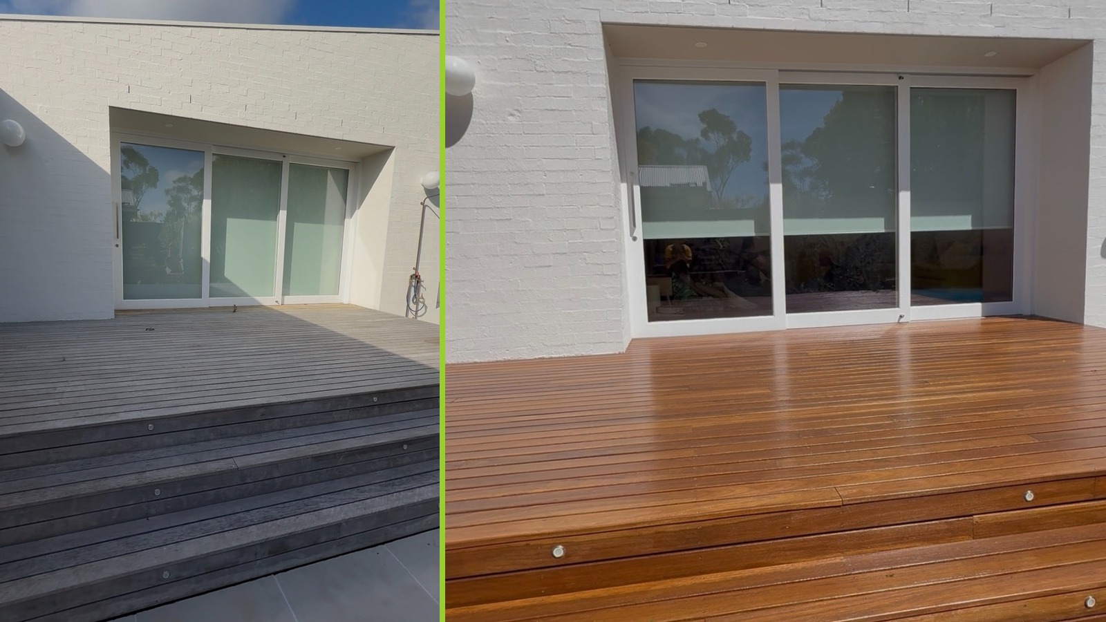 Real deck restoration showing the weathered deck before and the restored protected deck after